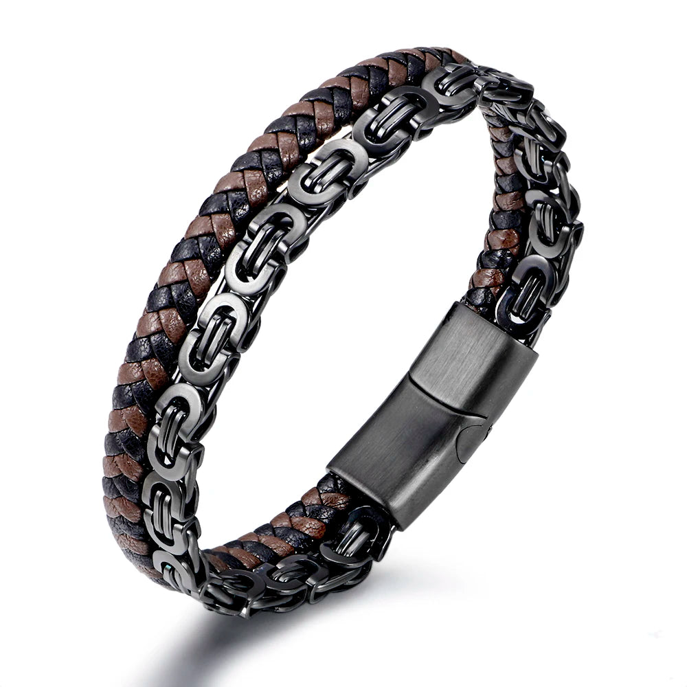 2022 New Fashion Magnetic Buckle Stainless Steel Wholesale Genuine Leather Mixed Color Hand Braided Bracelet for Men