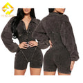 Autumn Women Acid Wash Clothing Slim Fit Waist Collection Long Sleeved Deep v Neck Women Jumpsuit Rompers Women Bodycon Jumpsuit