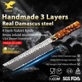 KEENHOPE Handmade 8 Inch Nakiri Knife 3 Layers Damascus Steel VG10 Core Blade Brass Inlaid Mammoth Stone USA Desert Ironwood
