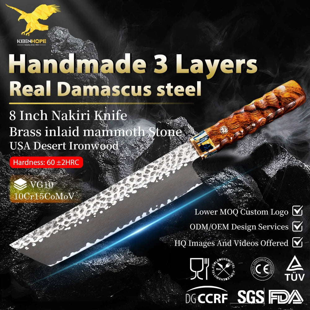 KEENHOPE Handmade 8 Inch Nakiri Knife 3 Layers Damascus Steel VG10 Core Blade Brass Inlaid Mammoth Stone USA Desert Ironwood