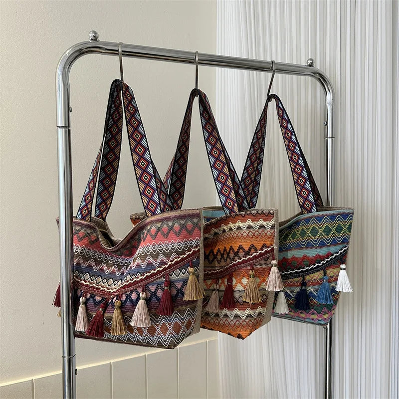 Personality Woven Bag Tote Bag for Women Simple Zipper Autumn New Canvas Large Capacity Shopping Big Weekender Bag
