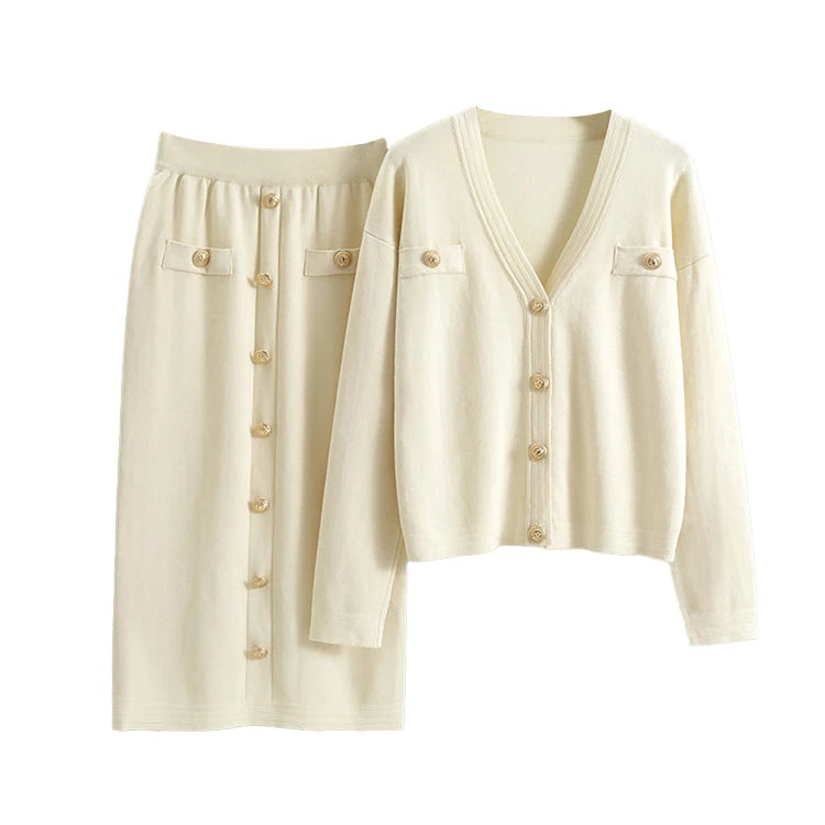 Spring and Autumn Solid Color Button Knit Set Elegant Casual Knit Cardigan and Skirt Set Knit Two Piece Set for Women