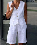 Manufacturer V Neck Button-Up Back Belted Vest Top and Knee Length Straight Shorts Suits Cotton Linen 2 Piece Set Women Summer