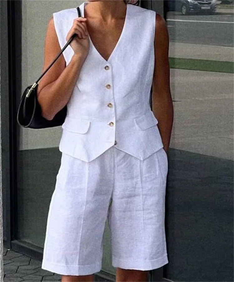 Manufacturer V Neck Button-Up Back Belted Vest Top and Knee Length Straight Shorts Suits Cotton Linen 2 Piece Set Women Summer