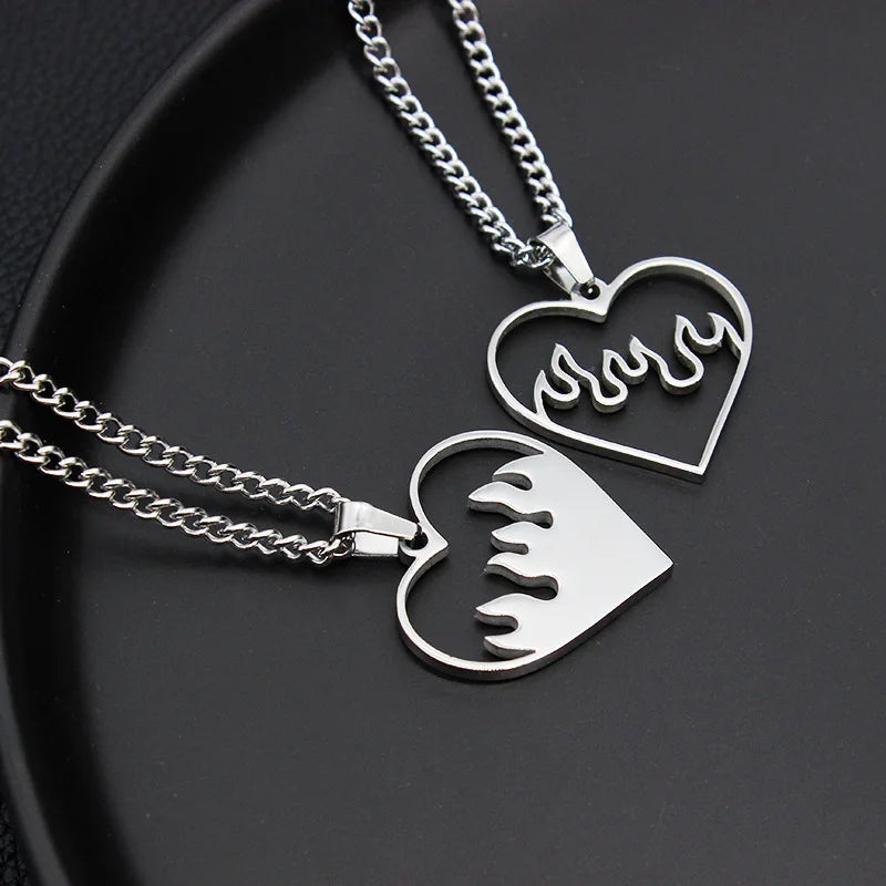 Punk Hip Hop Party Jewelry Minimalist Stainless Steel Flame Heart Pendant Curb Link Chain Necklace for Men Women