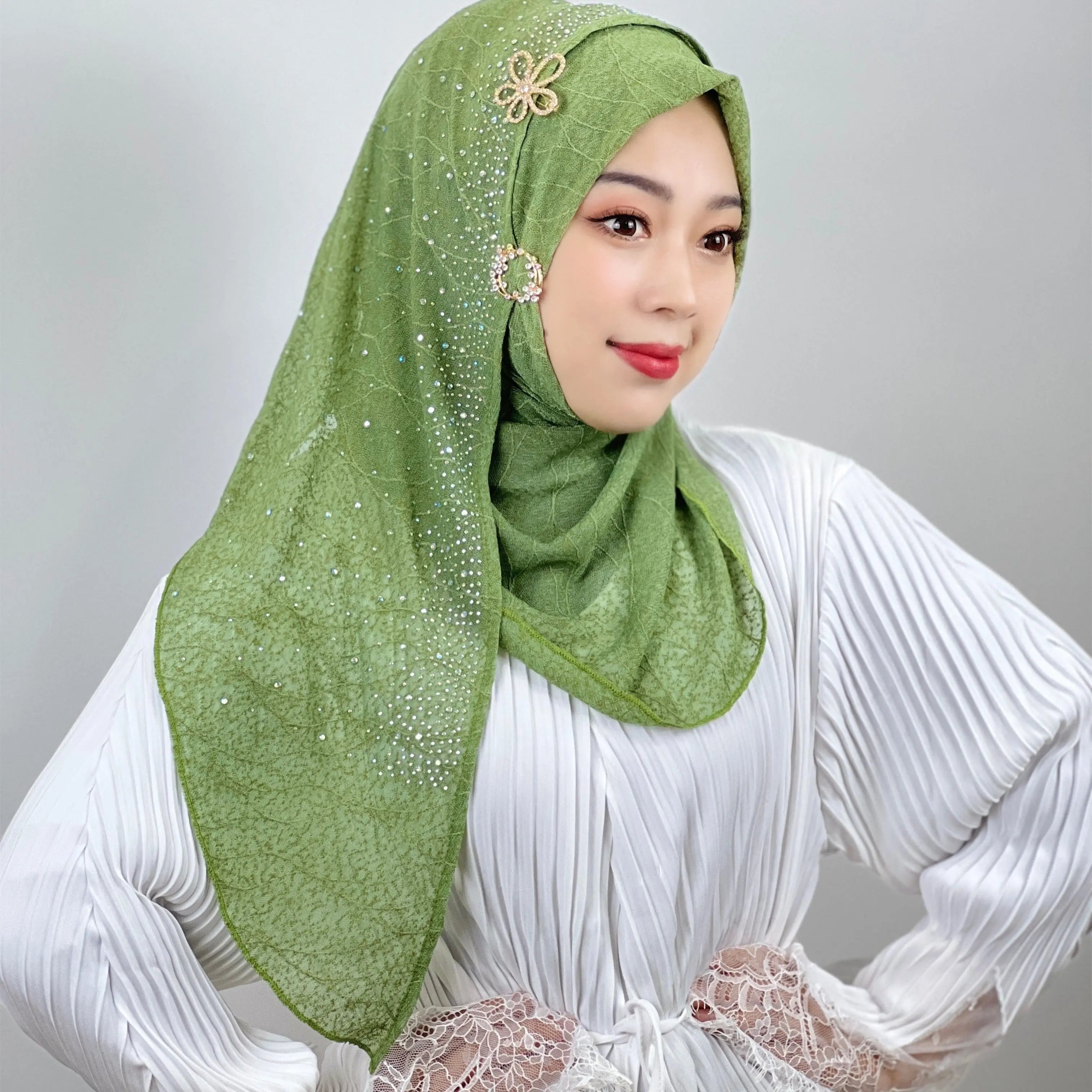 Tenderness Fabric Mesh Texture Flower Pattern Hot Drill Dot Women Scarves Muslim Hijab Malaysian Singapore Female Scarf