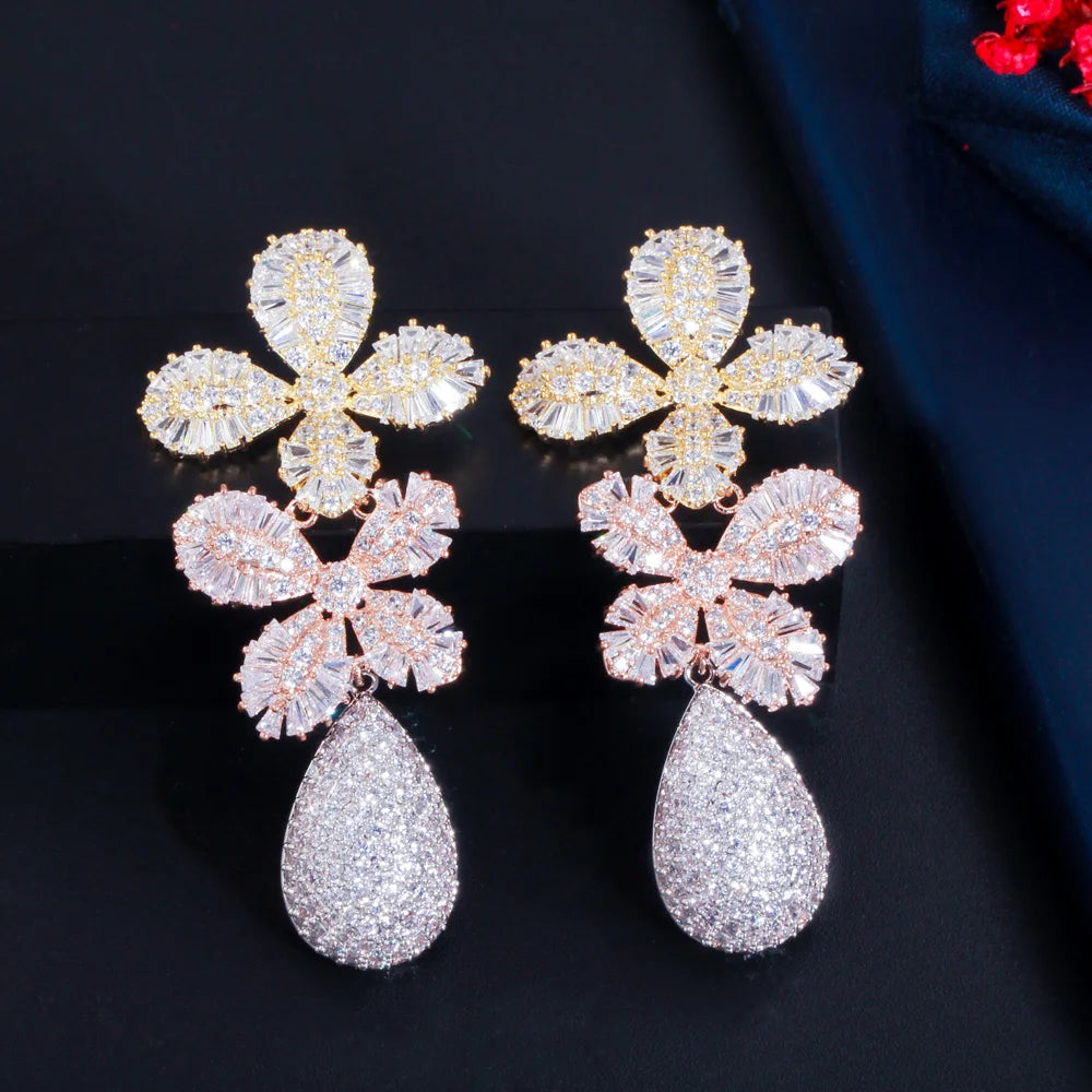 3 Multi Tone Gold Plated Cubic Zirconia Statement Luxury Long Leaf Drop Earrings for Wedding Party Bridal Jewelry Accessory