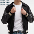 Custom Print Stand Collar Varsity Jacket for Men Outdoor Oversize Black PU Leather Sheared Processing