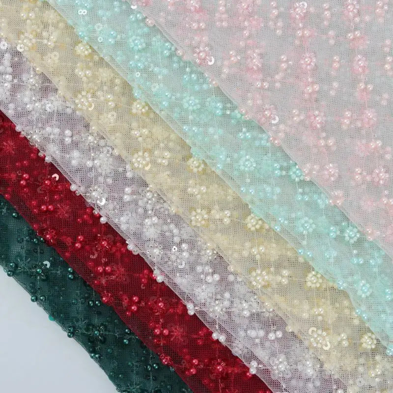 Fashion Design Colorful Handmade Beaded Lace Tulle Mesh Embroidery Knitted Breathable 100% Polyester Lightweight Wedding Shoes