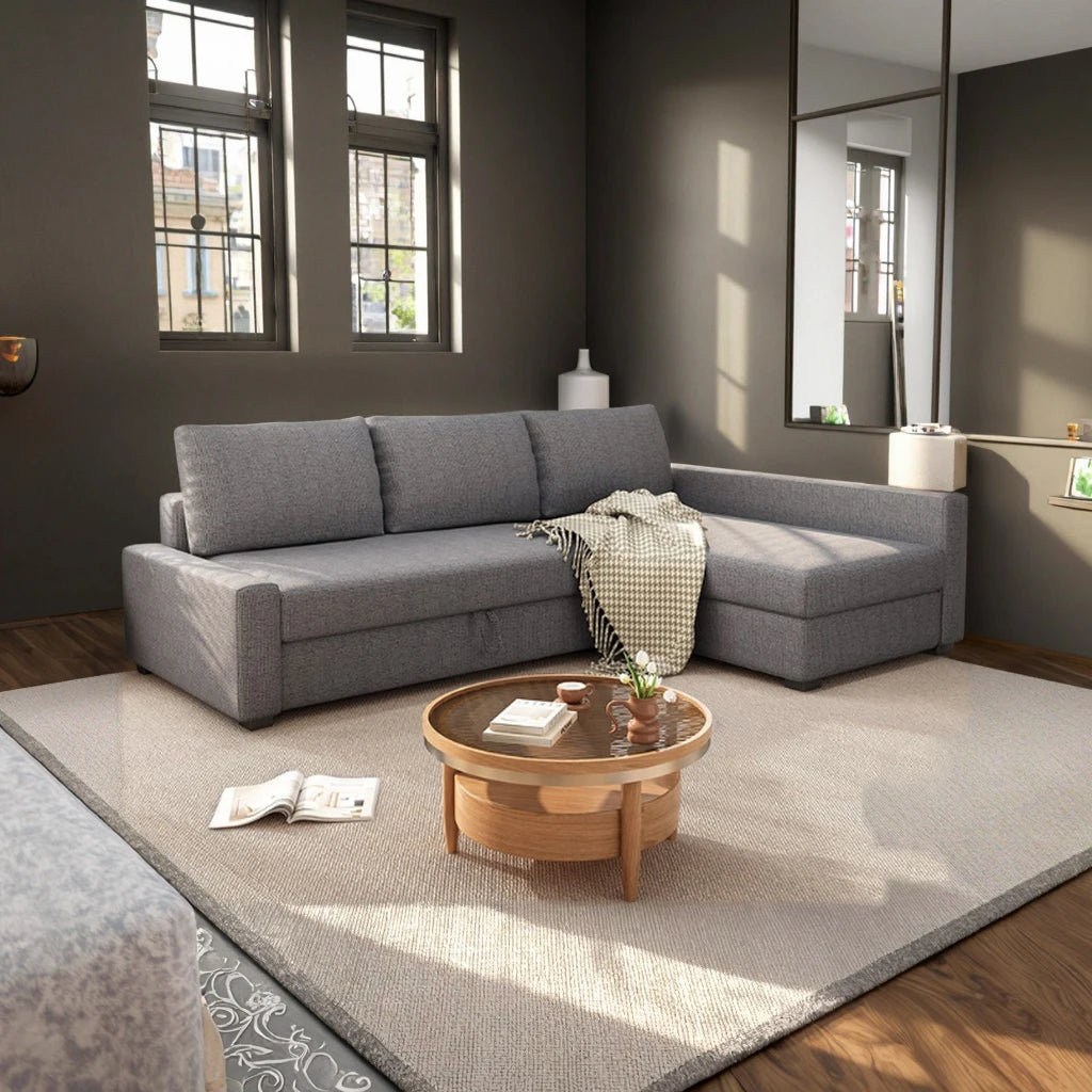Cotton Linen Convertible Corner Sofa Bed Multifunctional Freeton Modern Style Small Living Room Storage Pull Out Coffee Tables