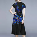 S-2XL Pleat Print Suit Women Short Sleeves Blouse A-line Skirt Outfit Vintage Two Piece Women s Sets