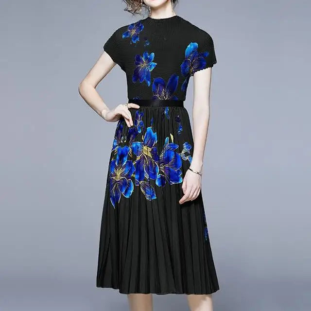 S-2XL Pleat Print Suit Women Short Sleeves Blouse A-line Skirt Outfit Vintage Two Piece Women s Sets