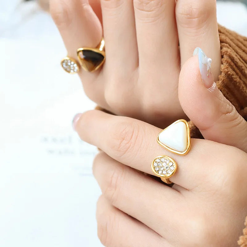 Wholesale 18k Gold Plated Stainless Steel Tiger Eye Stone Rings Waterproof Fashion Adjustable Jewelry Zirconia Ring