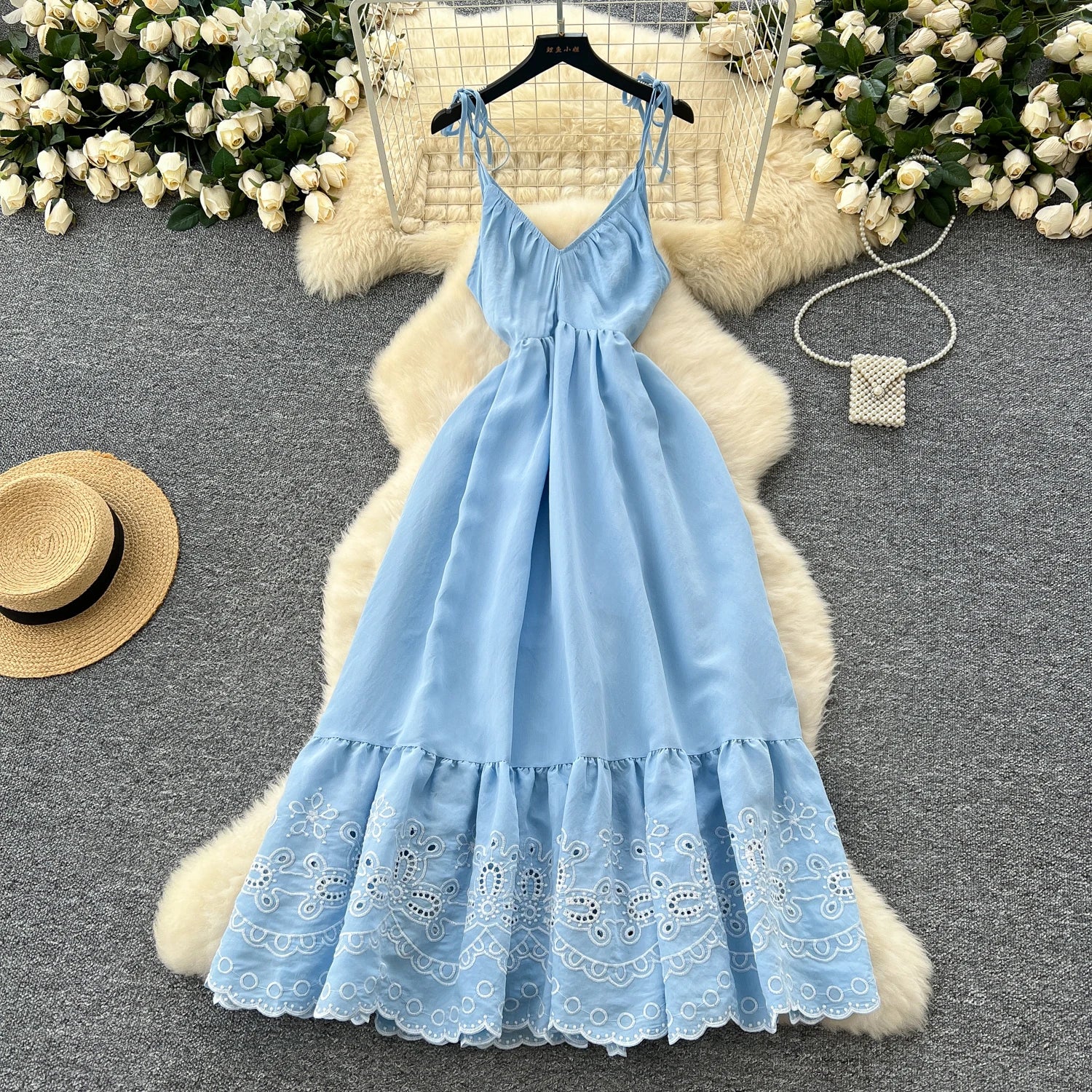 LW0672 Halter Cutout Embroidered Dress Female Gentle Ethos Fairy Holiday Long Skirt Holiday Halter Dress Womens Halter Dress