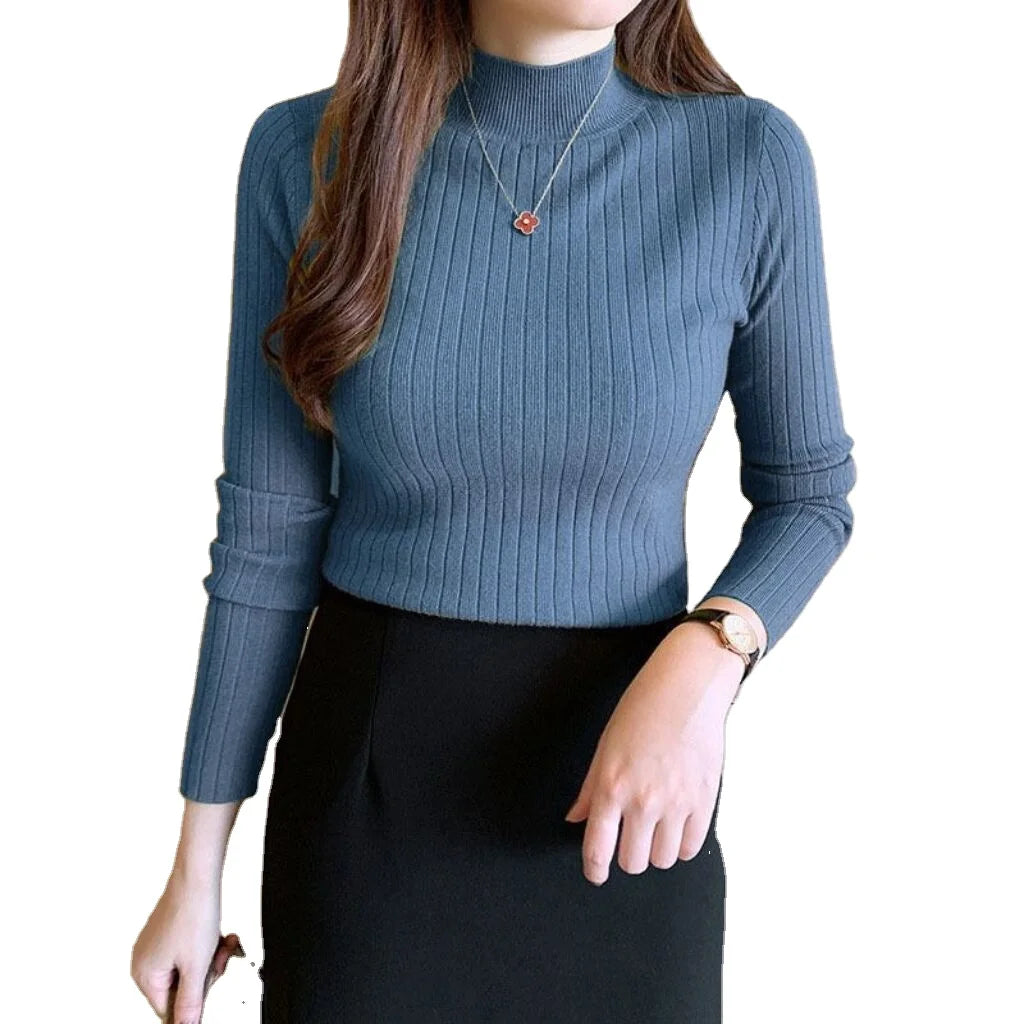 One Size Knitted Sweater Half High Collar Solid Color Base Shirt Wearing a Medium Neckline Long Sleeved Top Inside and Outside