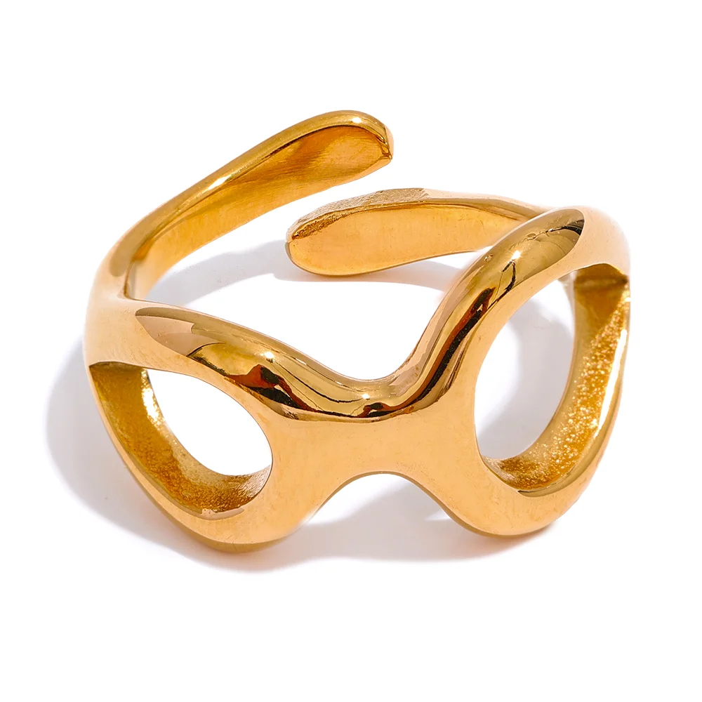 JINYOU 425 Wholesale Geometric Hollow Creative Stainless Steel Gold Color Ring Stylish 18K PVD Plated Occident Jewelry Women