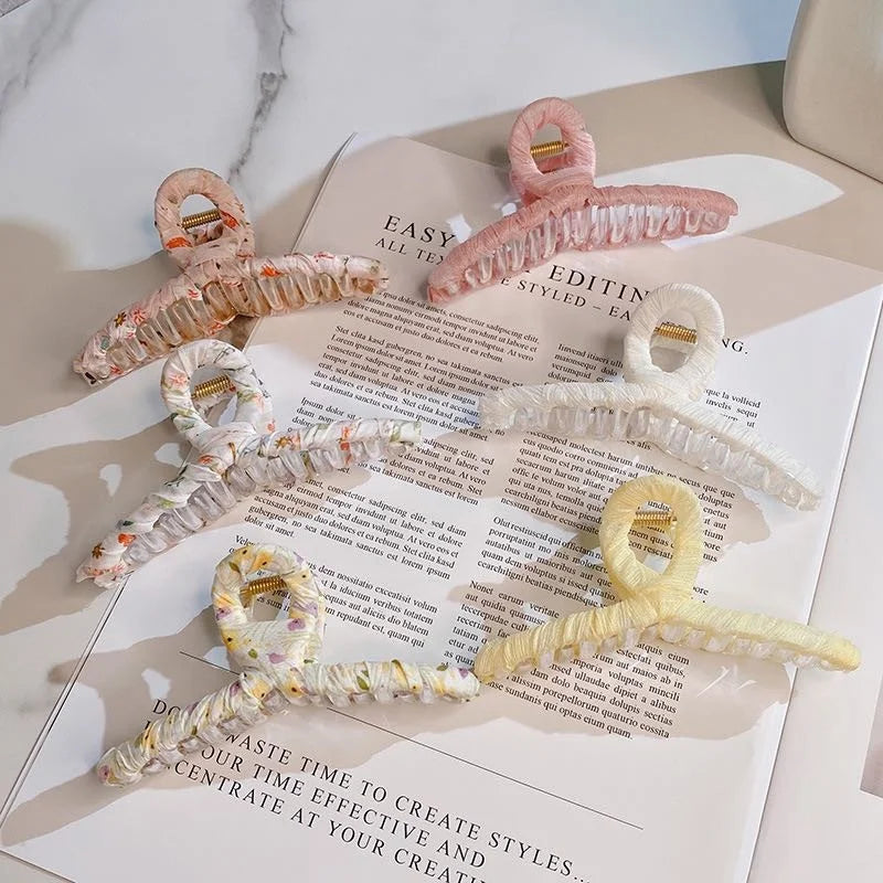 Large Thick Hair Holder Fabric Wrapped Shark Teeth Crossed Shape Acrylic Hair Claw Clips Fabric Covered Plastic Hair Claw Hair