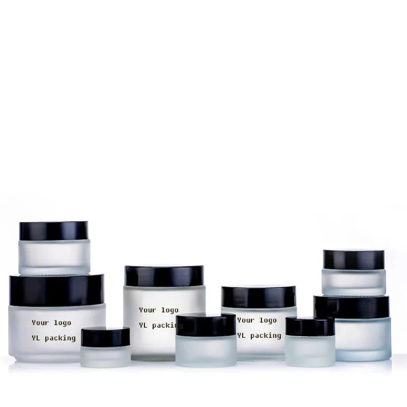 Transparent Clear Frosted Glass Cream Glass Jar 30ml Black Plastic Screw Lid for Skin Care Cosmetic Available 5g 60g Sizes