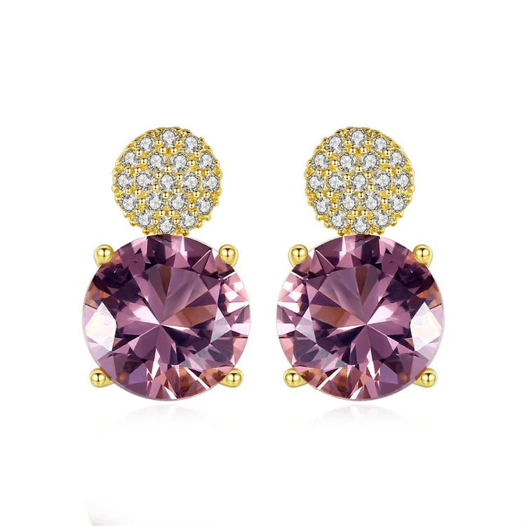 Exquisite Fine Jewelry 925 Sterling Silver 18K Gold Plated Women Fashion Round Gemstone Diamond Stud Earrings