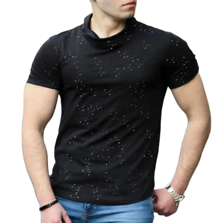 Summer Men T-shirt Half High Collar Short Sleeve Tops Slim T Shirt Men Silver Dot Print High Collar Trend Male Clothing