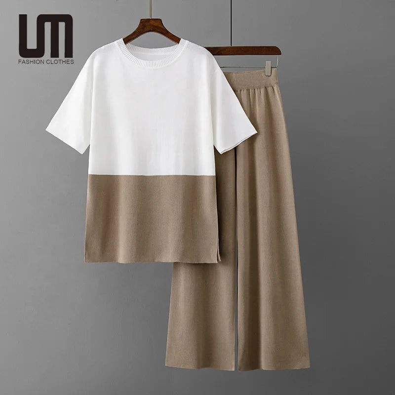 Cheap Wholesale Spring Fashion Designer Women Oversized T Shirt Wide Leg Pants Suits 2 Pieces Sets