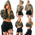 Custom Logo Women's Pullover Camo Printed Hoodie Long Sleeve Crop Design with Casual Knitted Fabric for Autumn Season