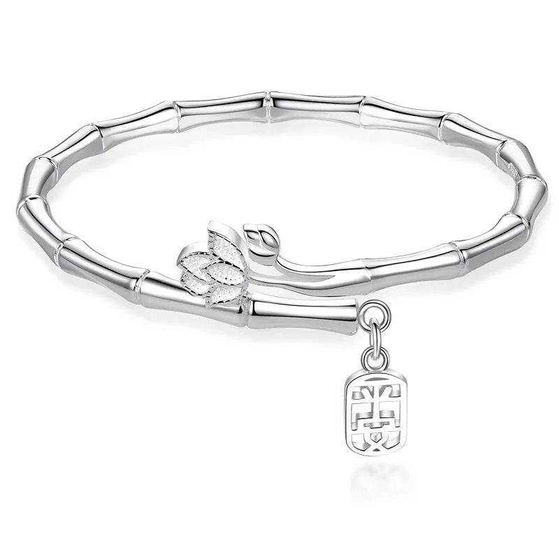 Dainty Adjustable 999 Sterling Silver Cuff Bangles Bamboo Shape Lotus Charm Bracelets Jewelry for Women