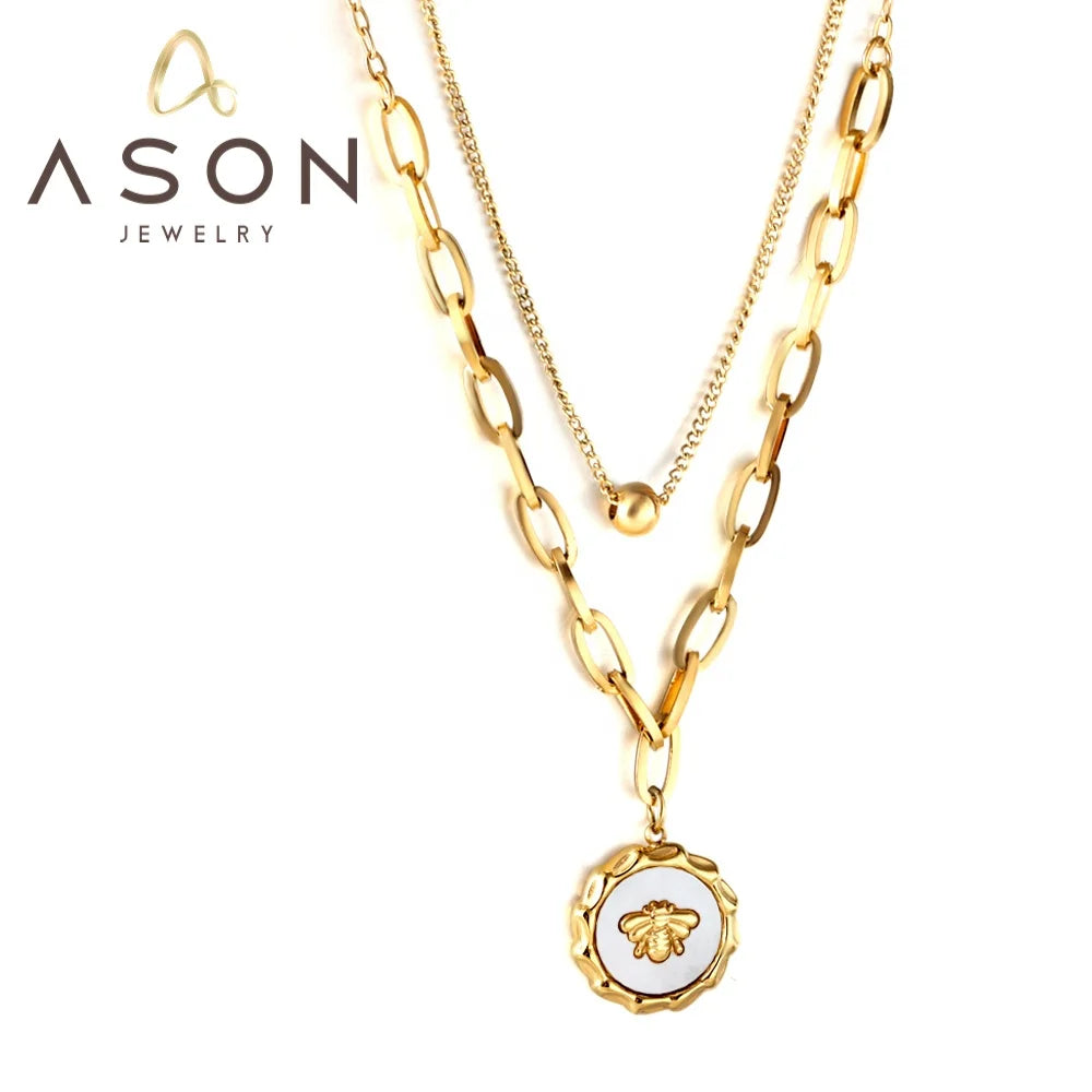 Ason New Fashion Jewelry Steel Ball Double Layer Necklace Stainless Steel Round White Shell Insect Pendant Necklace for Women