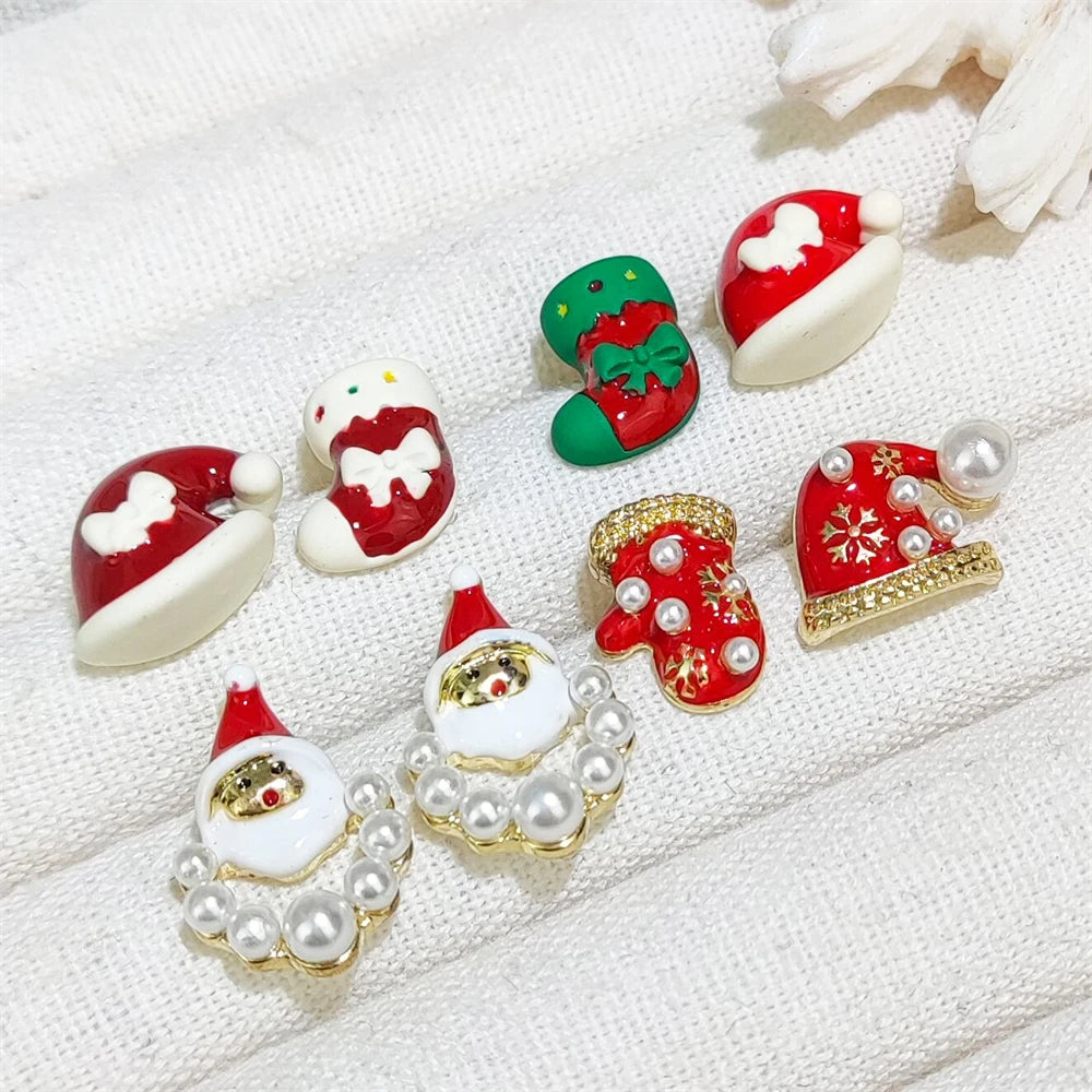Popular Christmas Jewelry with White Pearl Cute Enamel Hat Socks Earrings Stud Santa Claus Earrings for Girls Christmas Gifts