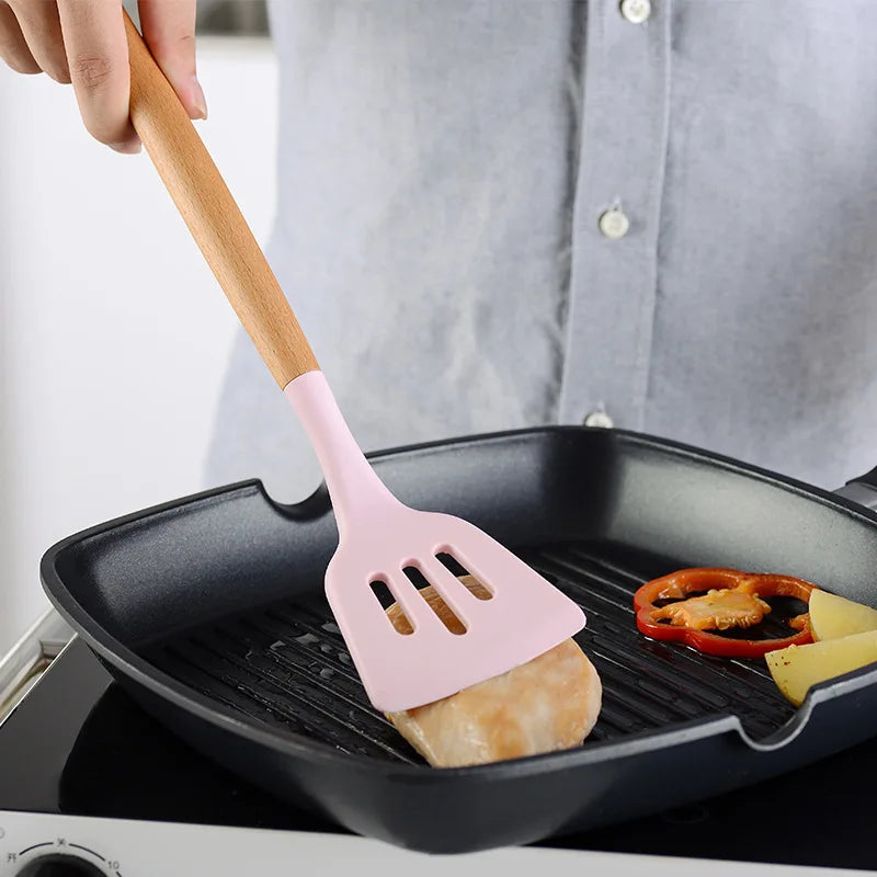 Ready to Ship Food Grade Silicone Khaki Color 11-Piece Wood Hand Grip Kitchen Utensil Set