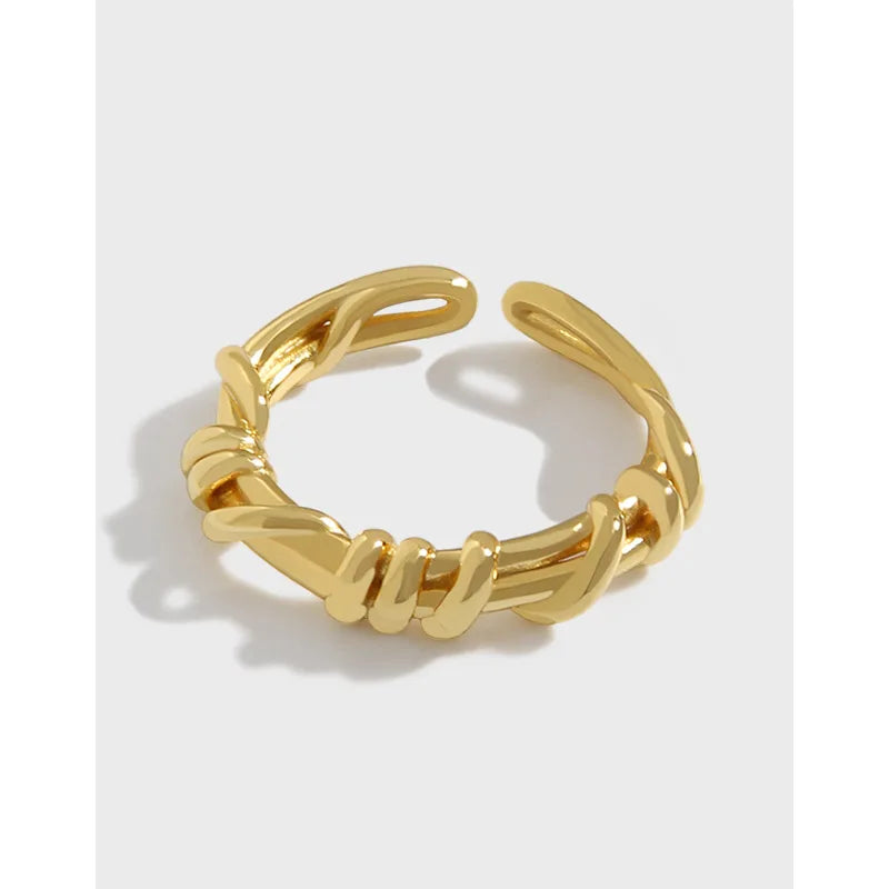 925 Sterling Silver 18K Gold Plated Adjustable Open Stacking Geometric Knot Wedding Rings Women Trendy Fine Rope Twisted