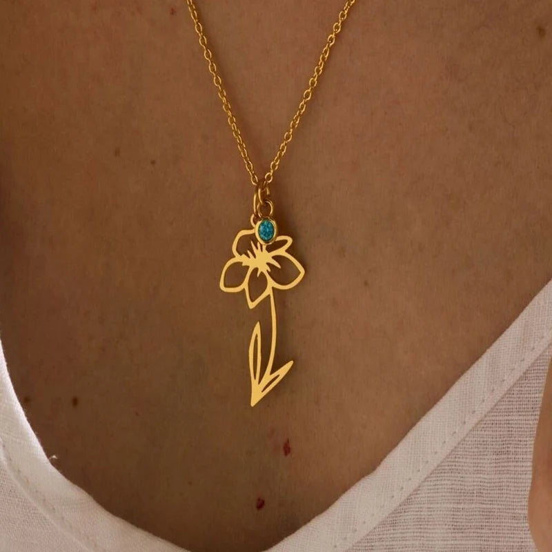 Women Personalized Birth Flower Necklace Exquisite Birthday Stone Custom Round Shape Shiny Zircon Necklace Mom Gift