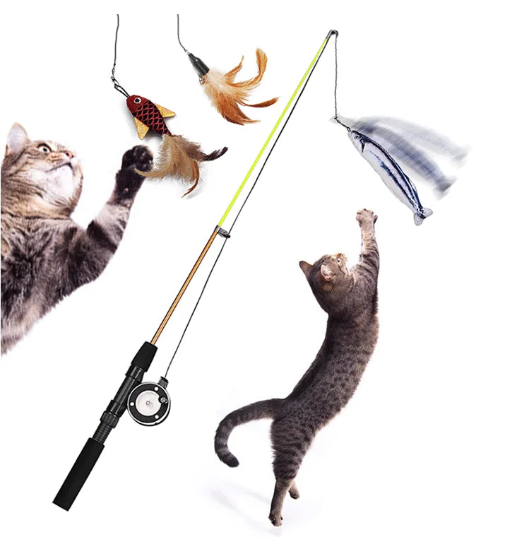 Sustainable Cat Toy Teaser Fish Type Telescopic Pulley Fishing Rod with Feather for Pet Toy MegaBDM