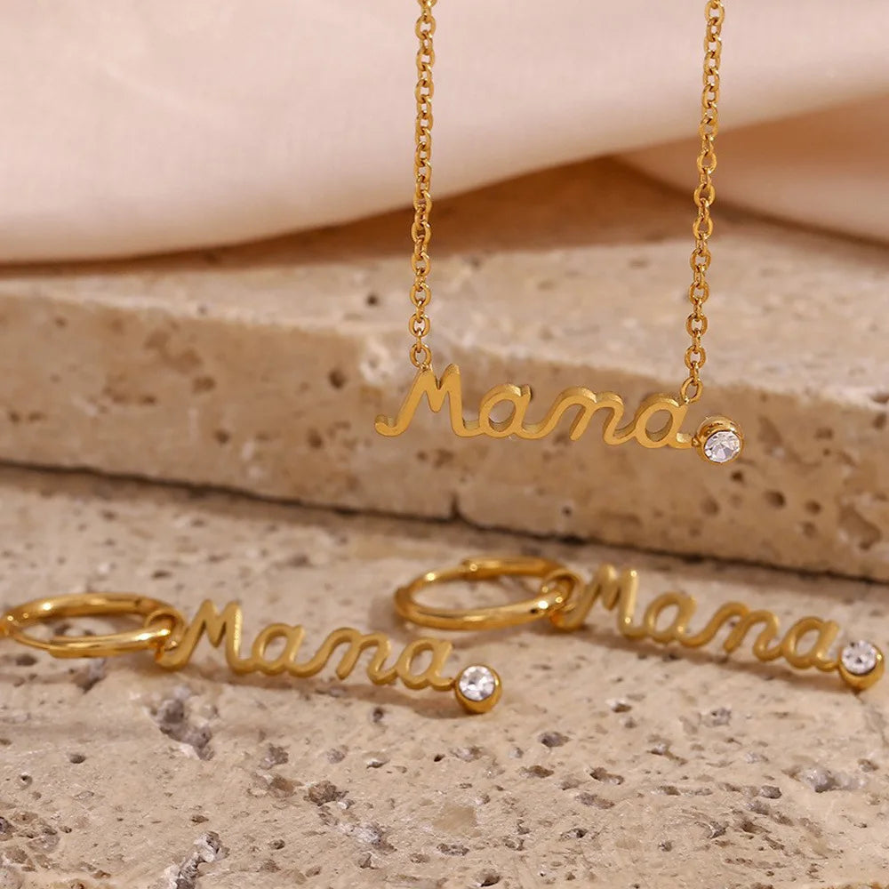 Mother's Day Drop Earrings Stainless Steel Plated 18K Round Zircon Necklace Alphabet Mama Mom Necklace for Mother's Day Gifts