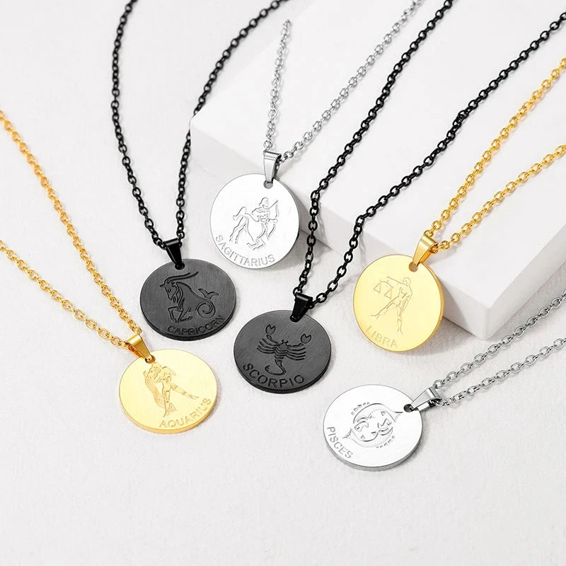 Women Ladies Necklace Stainless Steel Coin Engraved 12 Zodiac Animal Necklace Personalized 12 Astrology Sign Horoscope Necklace