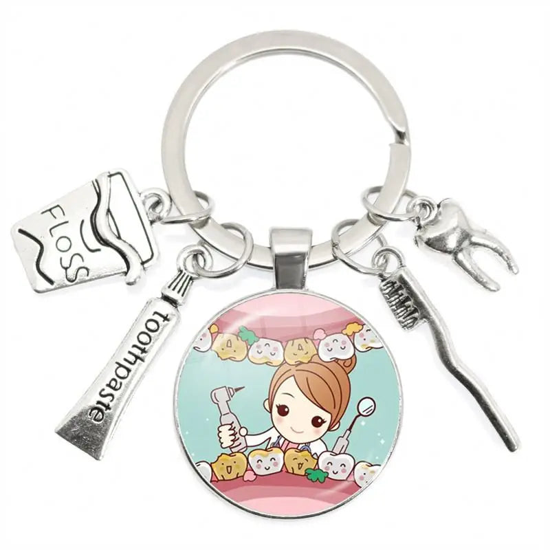 Wholesale Custom Promotional Gift Glass Dentist Keychain Fashion Toothbrush Toothpaste Teeth Dentist Metal Key Chain Accessories