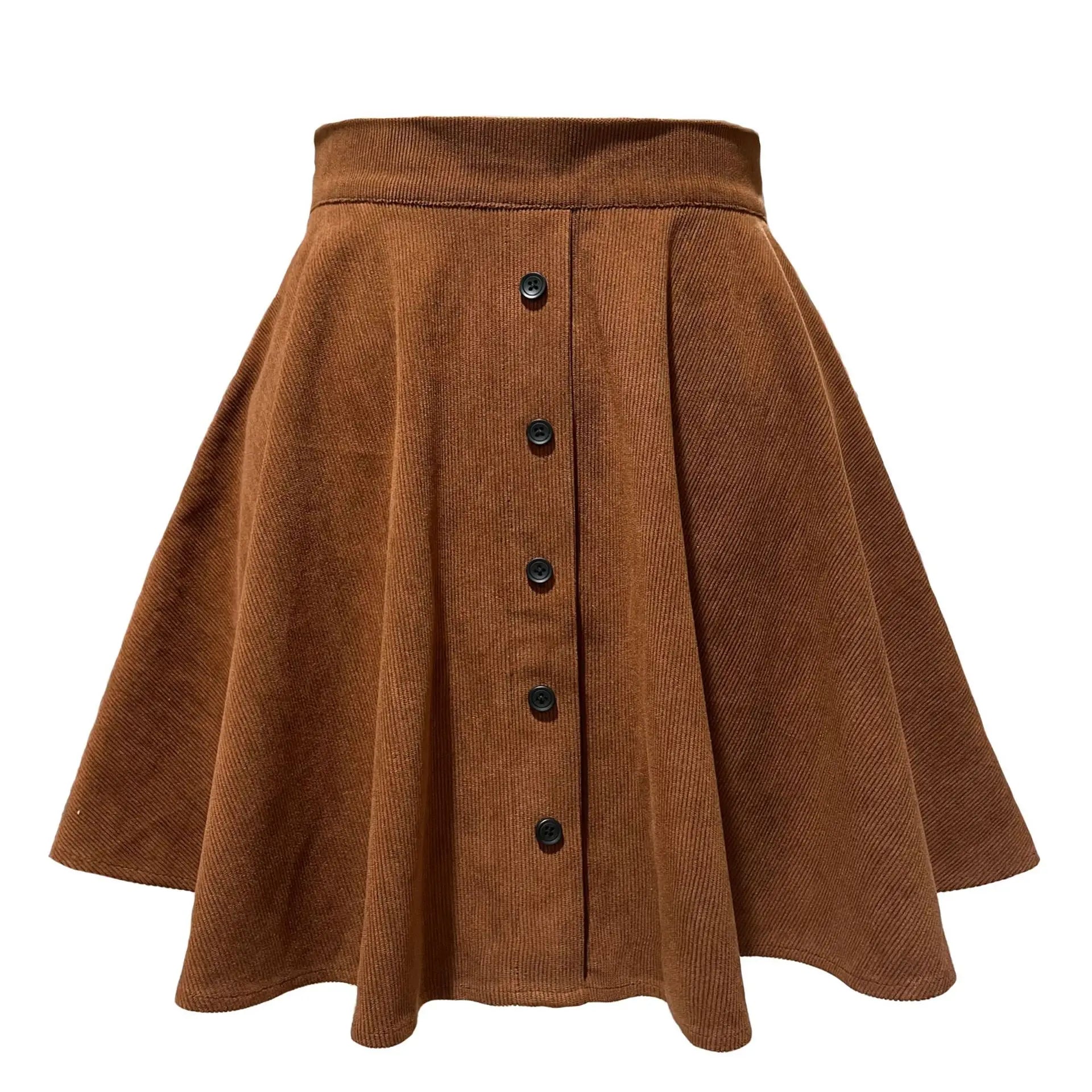 Women's Retro Button up Corduroy Flare High Waist a Line Mini Skirt