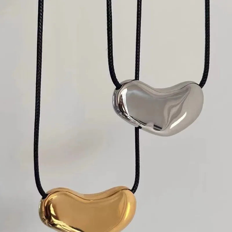 Stylish Trendy Stainless Steel Gold Silver Plating Leather Rope Chain Large Heart Pendant Necklace