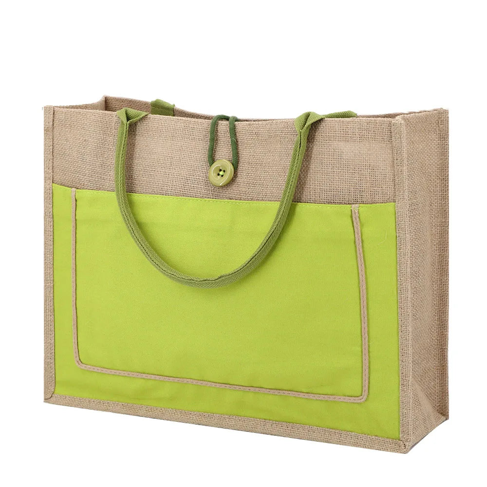 Factory Custom Natural Jute Tote Shopping Bag with Front Pocket Eco Beach Burlap Grocery Bags Cotton Webbing Handle Carry Bag