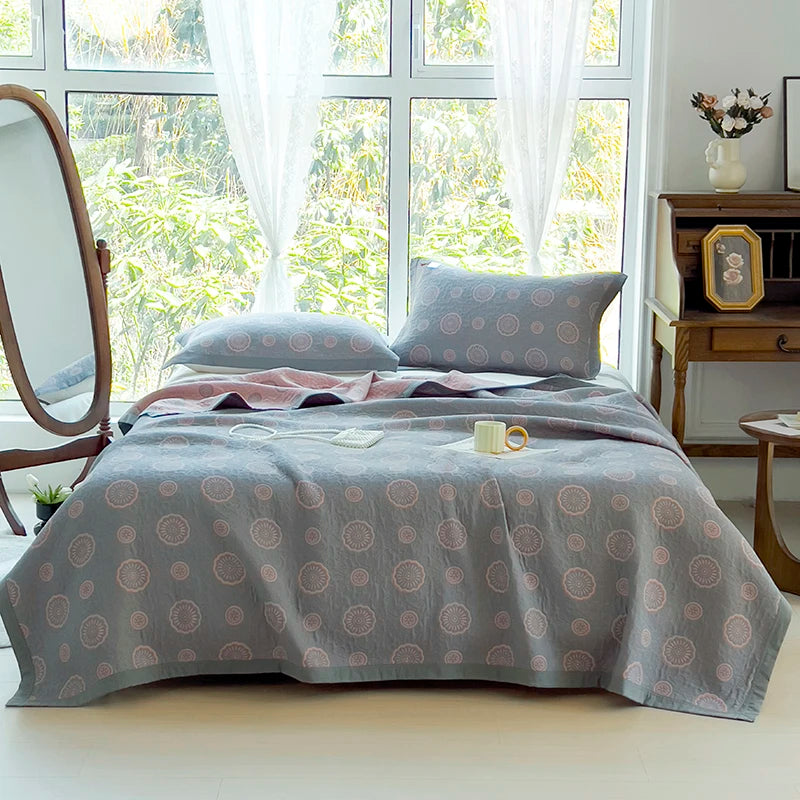 2024 New 60s Long Staple Cotton Muslin Triple Cover Printed Quilt Romantic Blanket Towel Knitted with Plain Style Plush Fabric
