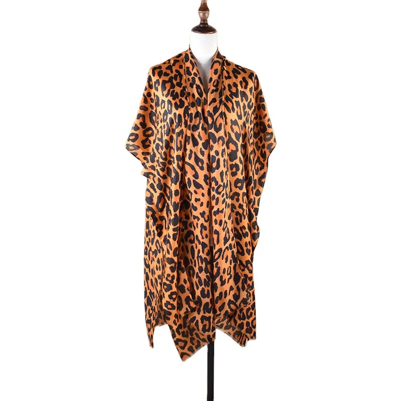 Summer Women's Thin Cardigan Sun protection Suit Leopard Print Satin Cotton Linen Shawl Beach Tourism Towel