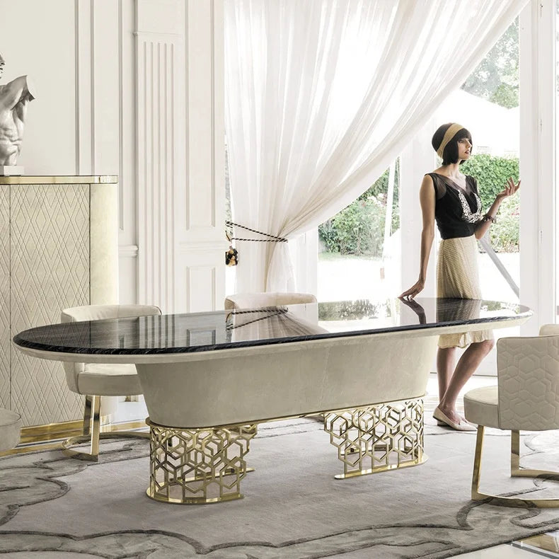 Italian High-End Luxury 8-Seater Dining Table Set Gold Stainless Steel Marble for Hotel Bedroom Dining Home Furniture