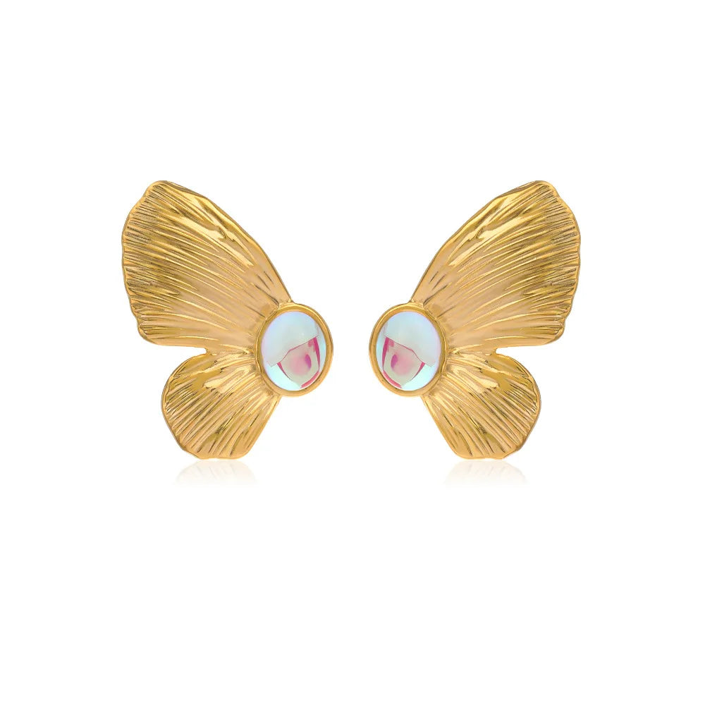 Chic Paved Butterfly Crystal 18K Gold Stud Earrings 18K Gold Plated Stainless Steel Modern Women's Earrings 2022
