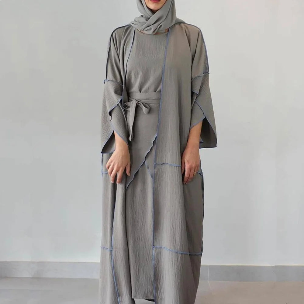 Top Saling Latest Abaya Designs Pleated Pure Color Satin Muslim Clothing Elastic Islamic Jilbab Prayer 3 Piece Abaya Set