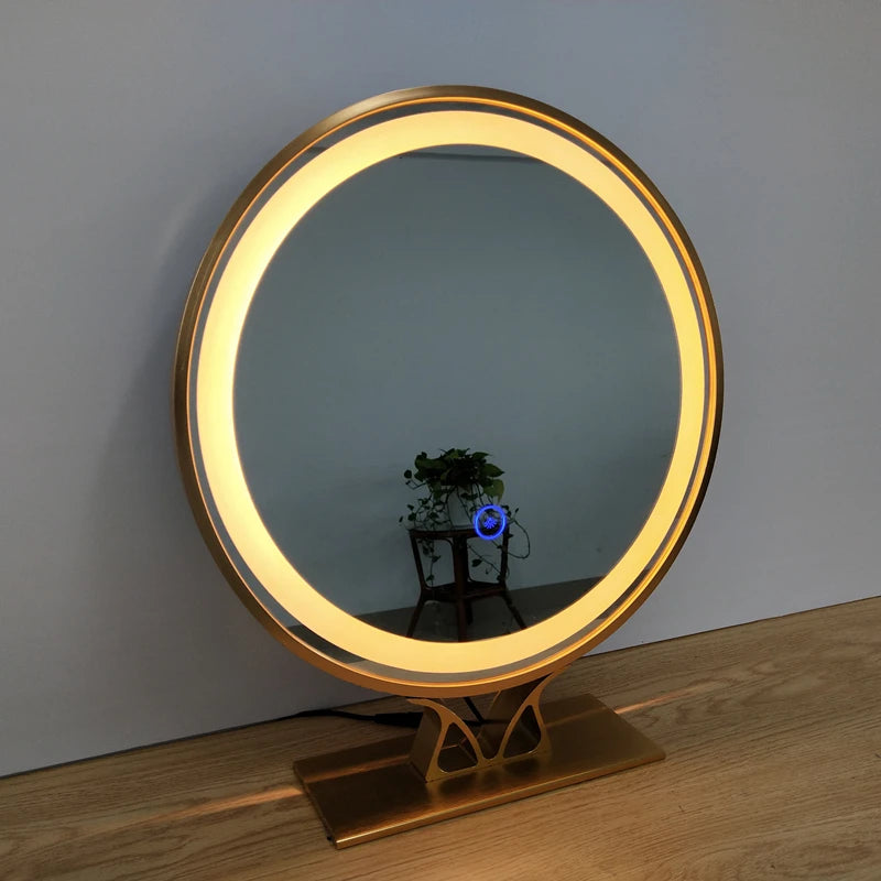 Wholesale Touch Screen Defogging Illuminated Three Color Control Smart LED Makeup Hanging Wall Mirror Aluminum Frame Base