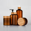 Cosmetic Packaging Container 60ml 120ml 250ml 500ml Amber PET Plastic Bottle Frost Finish Bamboo Pump for Shampoo Cream