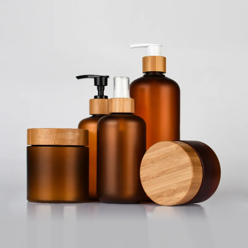Cosmetic Packaging Container 60ml 120ml 250ml 500ml Amber PET Plastic Bottle Frost Finish Bamboo Pump for Shampoo Cream