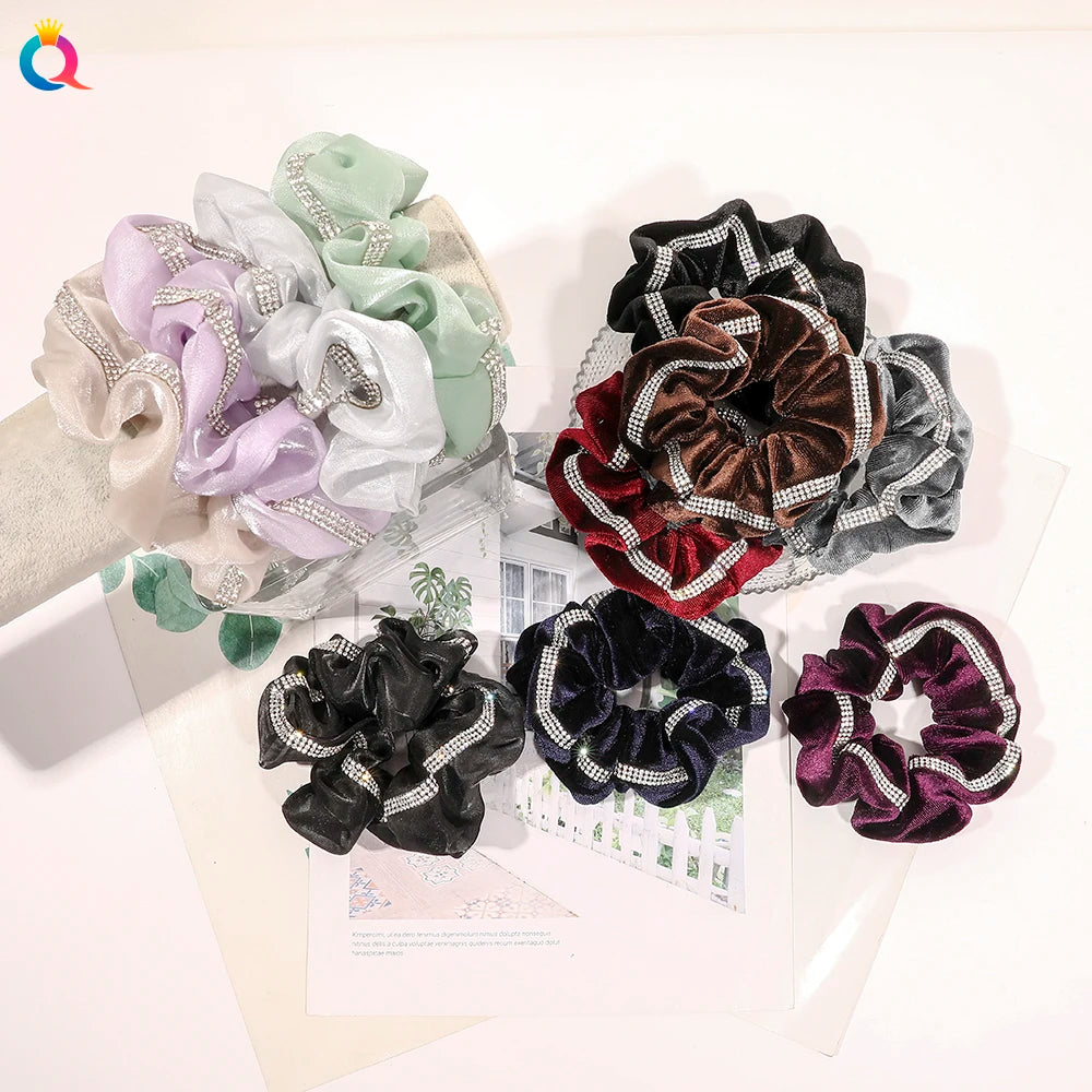QIYUE Mesh Velvet Scrunchies with White Rhinestone Women Hair Tie Scrunchy