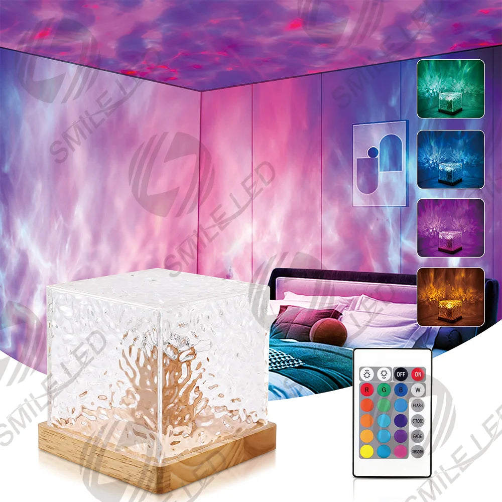 Square LED Crystal Table Lamp Dynamic Water Ripple Decorations Light USB Charge Adjustable Romantic Atmosphere Lamp