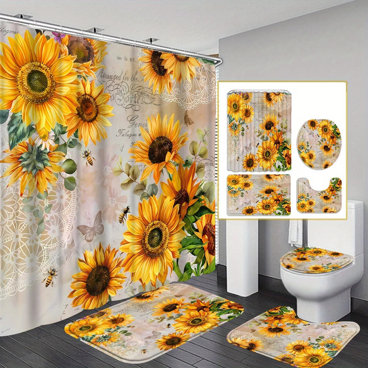Sunflower Shower Curtain Bathroom Decoration Curtain with 12 Shower Curtain Hooks